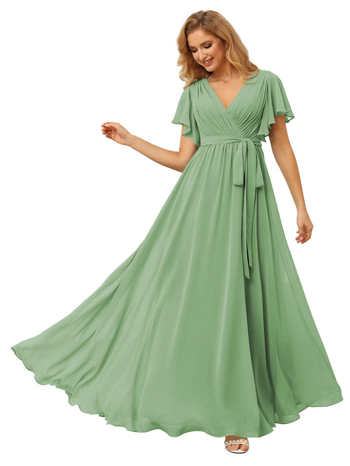 A-Line/Princess Chiffon V-Neck Short Sleeves Ankle-Length Bridesmaid Dresses