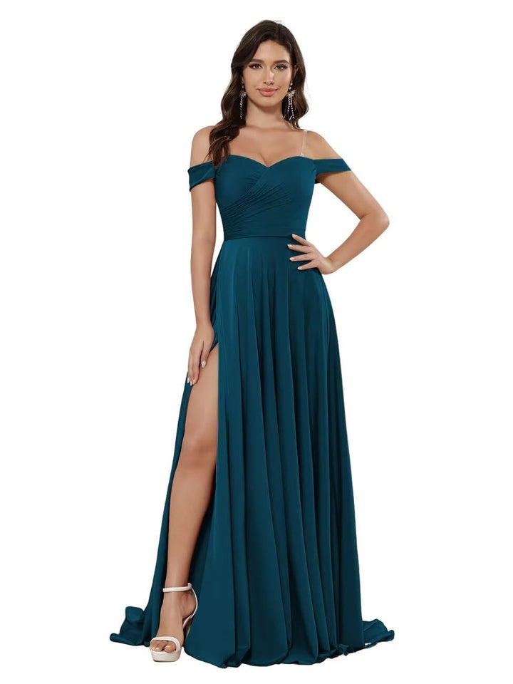A-Line/Princess Satin Off-the-shoulder Sleeveless Floor-Length Bridesmaid Dresses