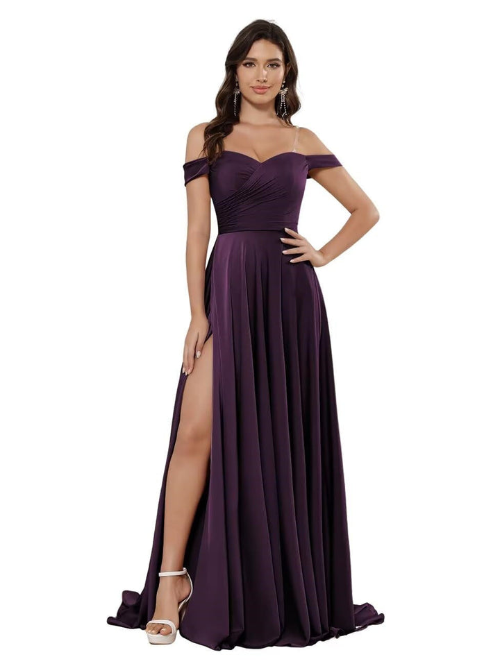 A-Line/Princess Satin Off-the-shoulder Sleeveless Floor-Length Bridesmaid Dresses