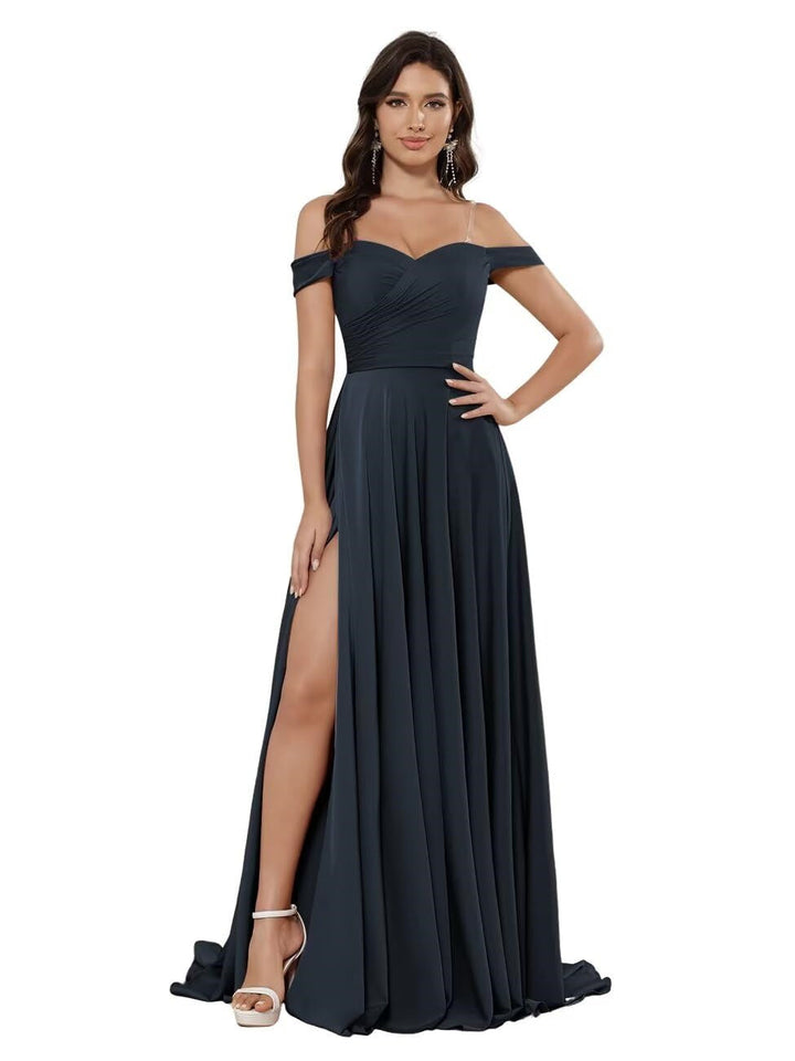 A-Line/Princess Satin Off-the-shoulder Sleeveless Floor-Length Bridesmaid Dresses