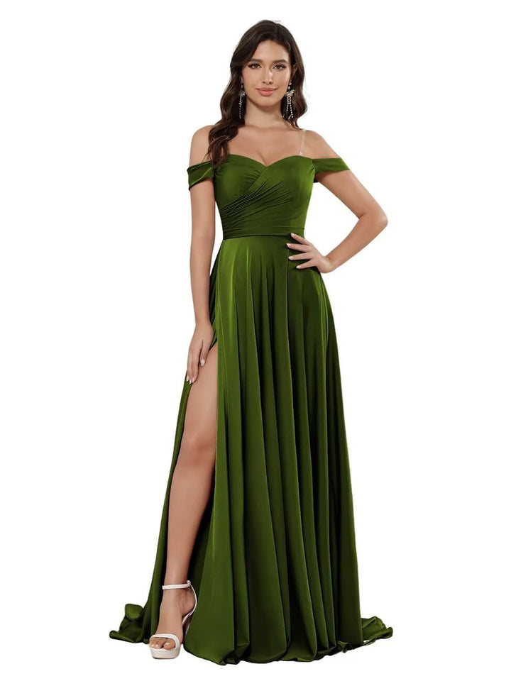 A-Line/Princess Satin Off-the-shoulder Sleeveless Floor-Length Bridesmaid Dresses