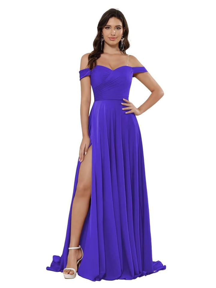 A-Line/Princess Satin Off-the-shoulder Sleeveless Floor-Length Bridesmaid Dresses