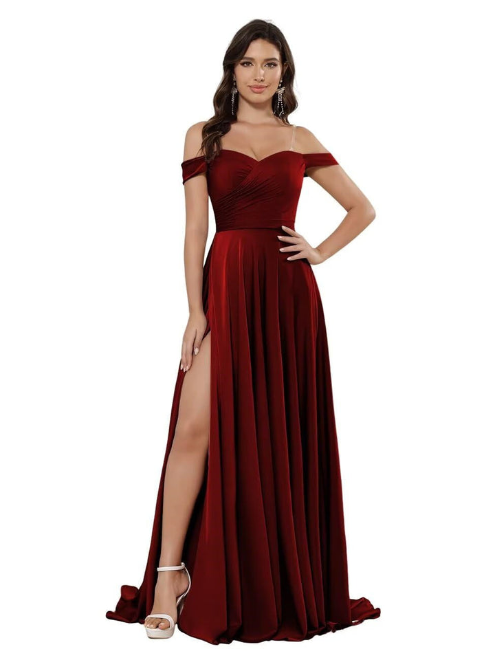 A-Line/Princess Satin Off-the-shoulder Sleeveless Floor-Length Bridesmaid Dresses