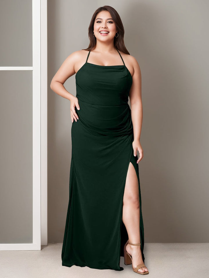 A-Line/Princess Spaghetti Straps Sleeveless Floor-Length Bridesmaid Dresses with Split Side & Ruching