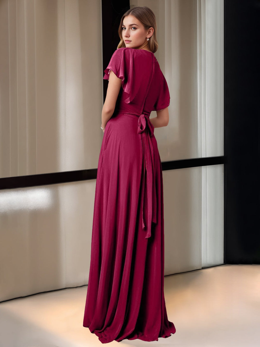 A-Line/Princess V-Neck Short Sleeves Floor-Length Bridesmaid Dresses with Pocket