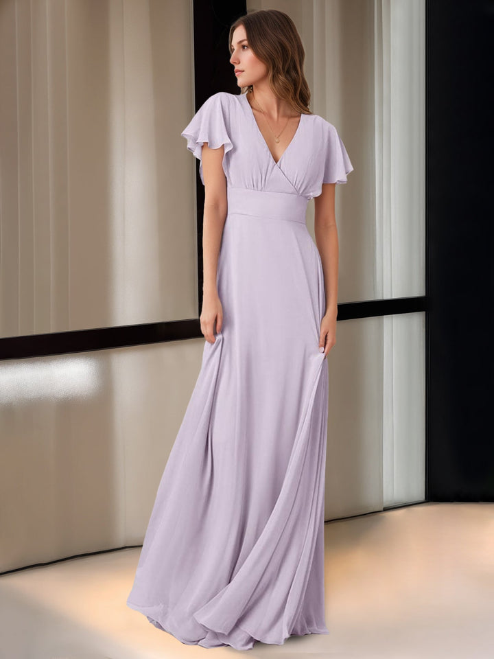 A-Line/Princess V-Neck Short Sleeves Floor-Length Bridesmaid Dresses with Pocket
