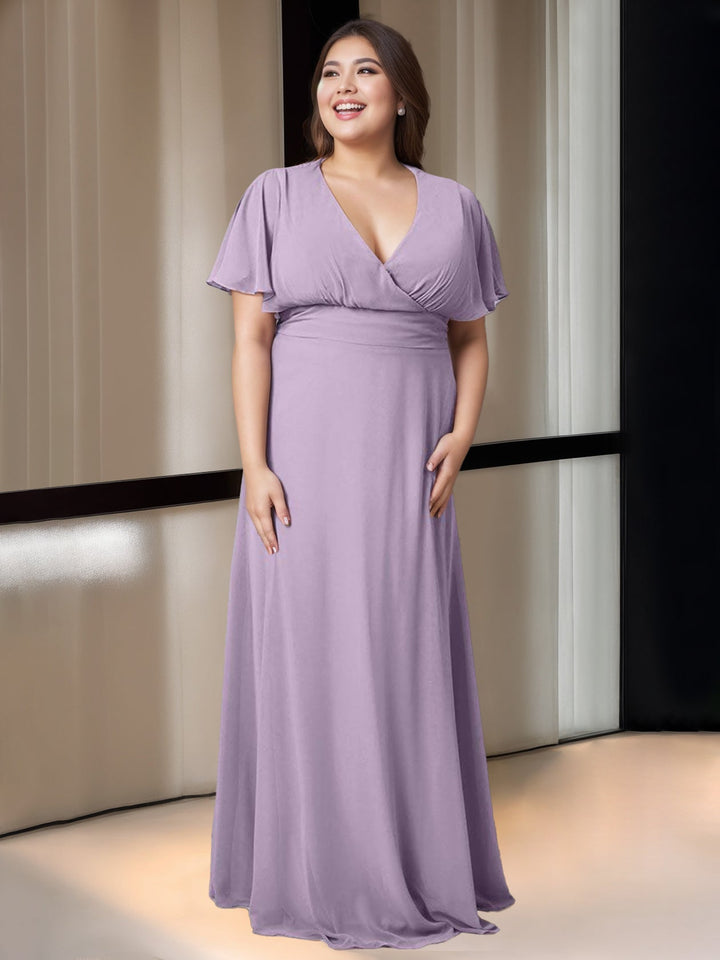 A-Line/Princess V-Neck Short Sleeves Floor-Length Bridesmaid Dresses with Pocket