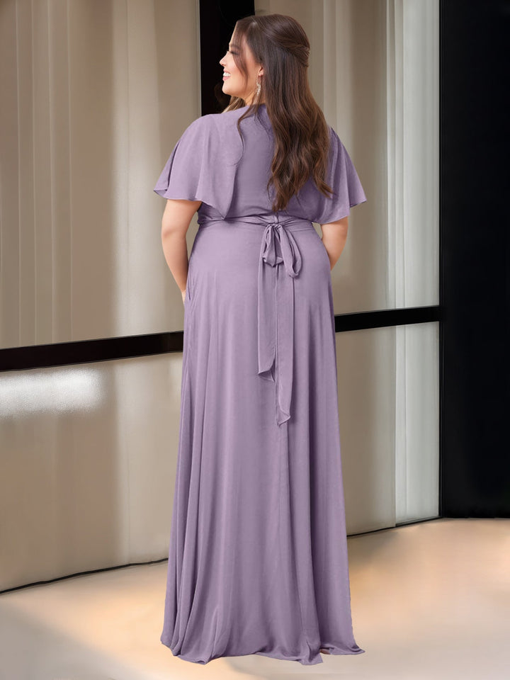 A-Line/Princess V-Neck Short Sleeves Floor-Length Bridesmaid Dresses with Pocket