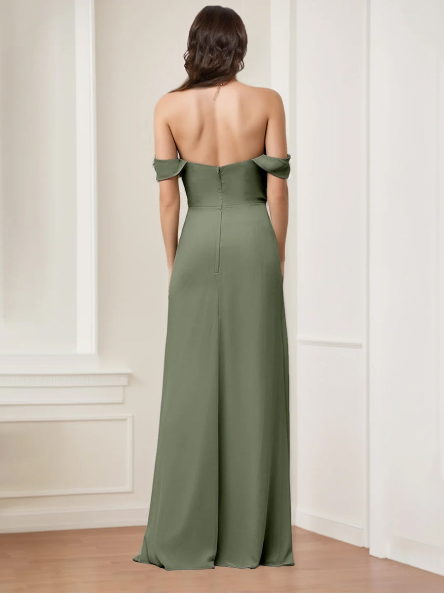 A-Line/Princess Off-the-Shoulder Sleeveless Floor-Length Long Bridesmaid Dresses with Split Side