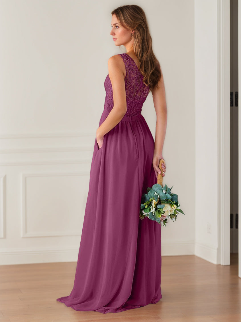 A-Line/Princess One-Shoulder Sleeveless Floor-Length Bridesmaid Dresses with Lace,Beaded & Embroidered