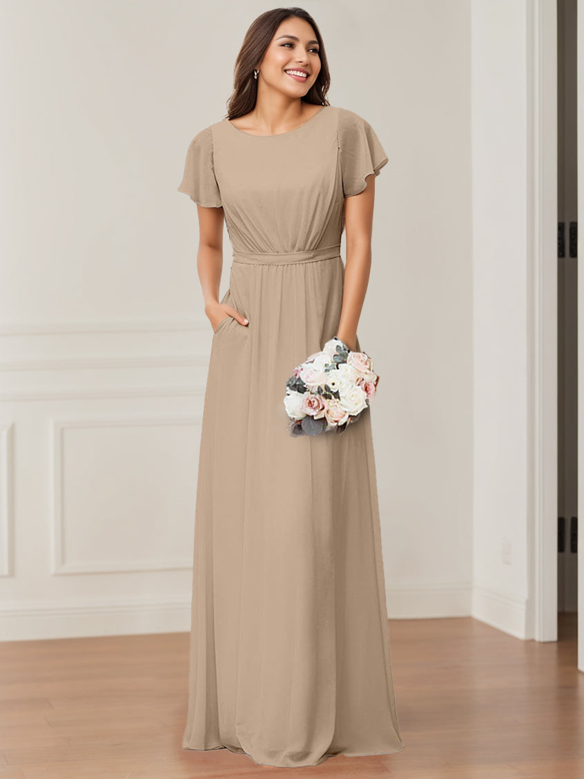 A-Line/Princess Scoop Neck Short Sleeves Floor-Length Bridesmaid Dresses with Pocket & Ruffles