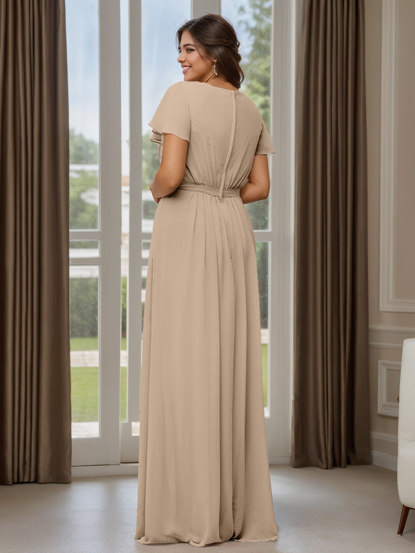 A-Line/Princess Scoop Neck Short Sleeves Floor-Length Bridesmaid Dresses with Pocket & Ruffles