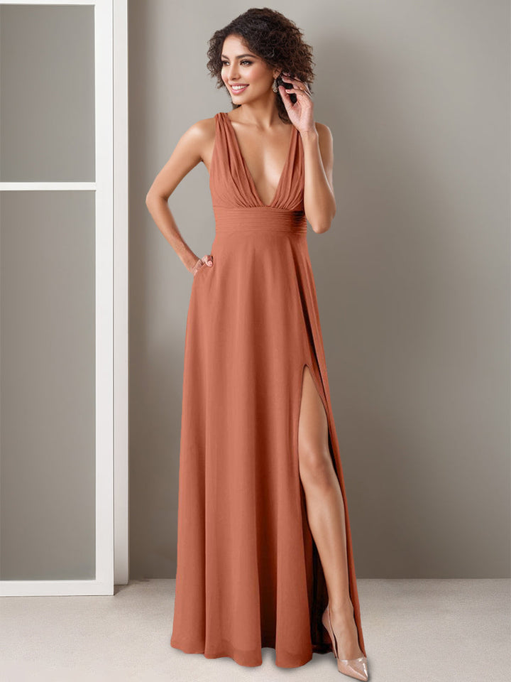 A-Line/Princess Deep V-Neck Sleeveless Floor-Length Bridesmaid Dresses with Split Side & Ruffles