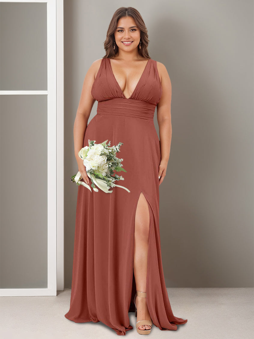 A-Line/Princess Deep V-Neck Sleeveless Floor-Length Bridesmaid Dresses with Split Side & Ruffles