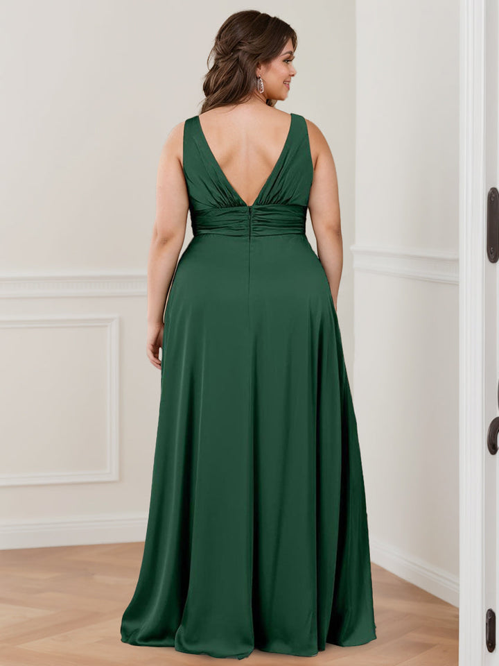 A-Line/Princess Deep V-Neck Sleeveless Floor-Length Bridesmaid Dresses with Ruffles & Split Side