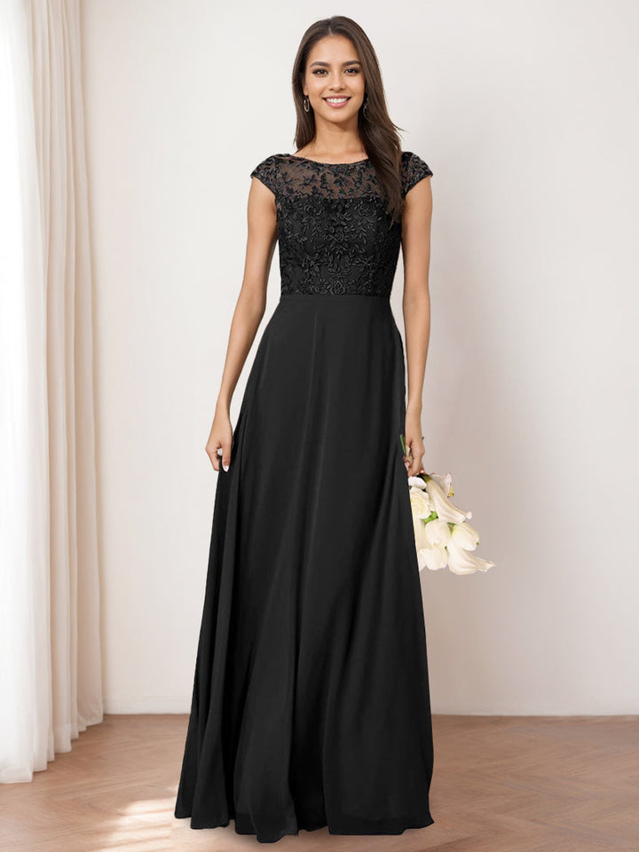 A-Line/Princess Jewel Neck Sleeveless Floor-Length Long Bridesmaid Dresses with Lace