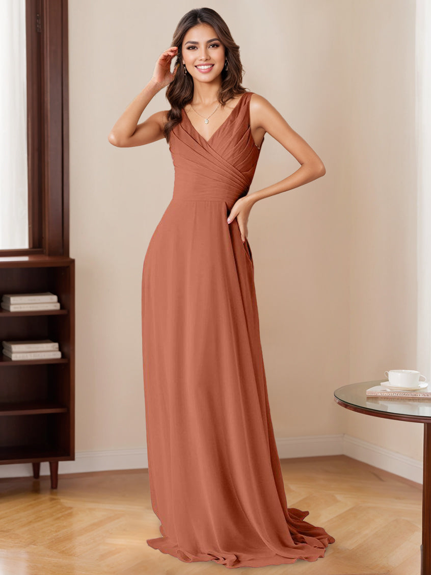 A-Line/Princess V-Neck Sleeveless Floor-Length Bridesmaid Dresses with Ruffles