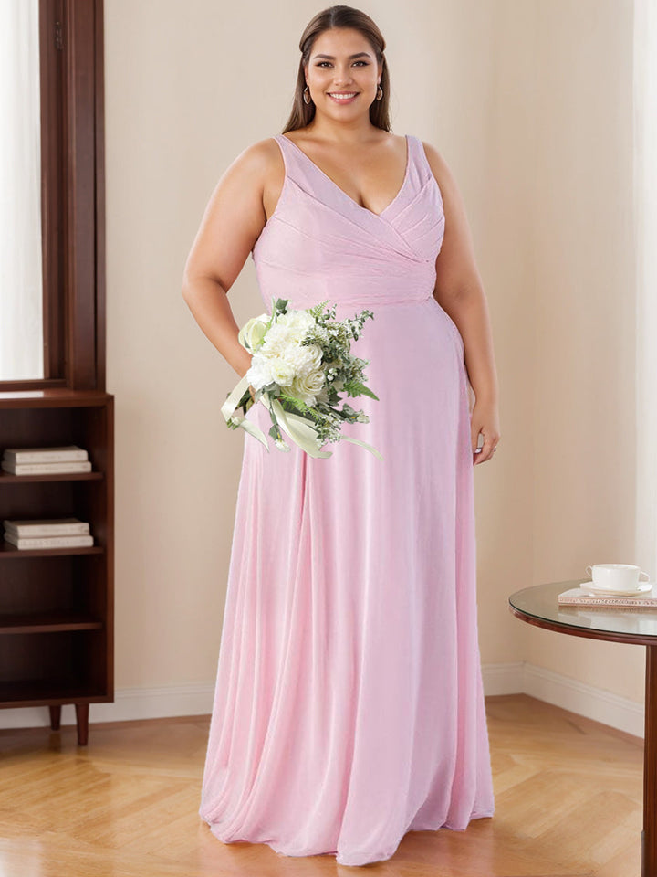 A-Line/Princess V-Neck Sleeveless Floor-Length Bridesmaid Dresses with Ruffles