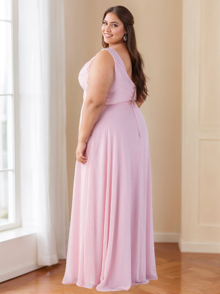 A-Line/Princess V-Neck Sleeveless Floor-Length Bridesmaid Dresses with Ruffles