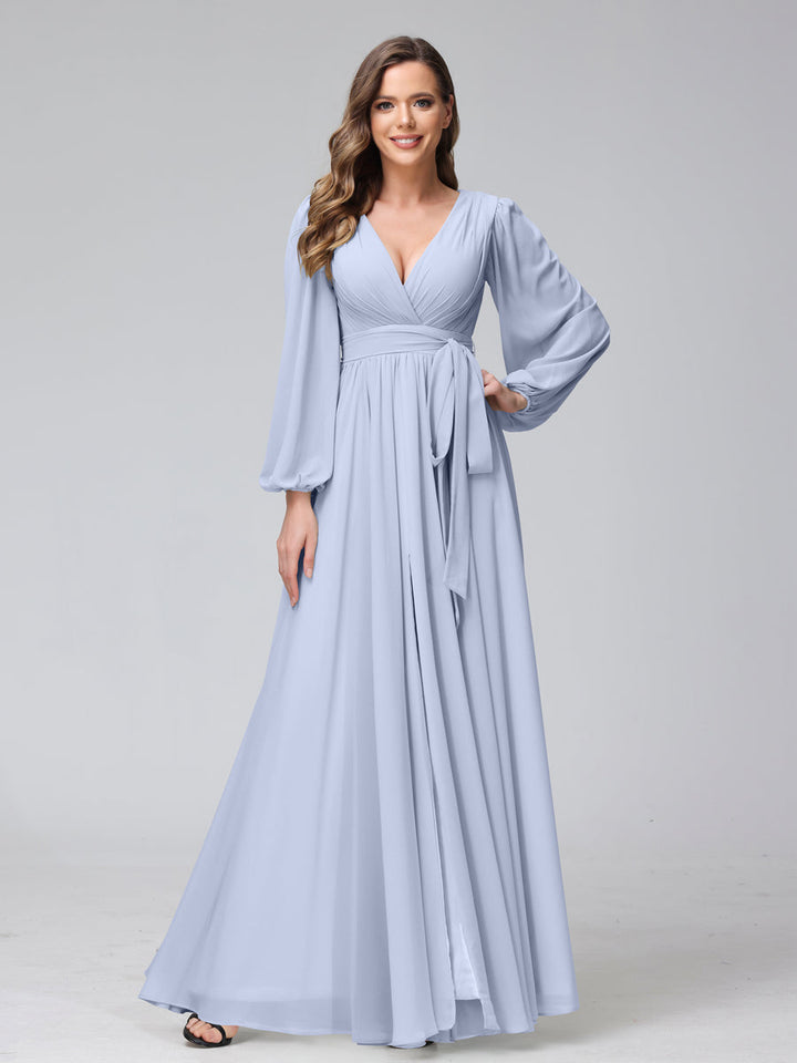 A-Line/Princess V-Neck Long Sleeves Chiffon Long Bridesmaid Dresses With Ruffles Split Side