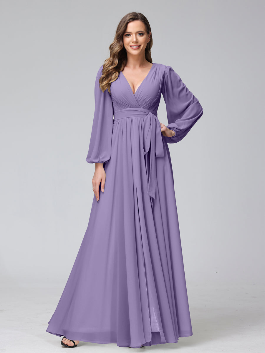 A-Line/Princess V-Neck Long Sleeves Chiffon Long Bridesmaid Dresses With Ruffles Split Side