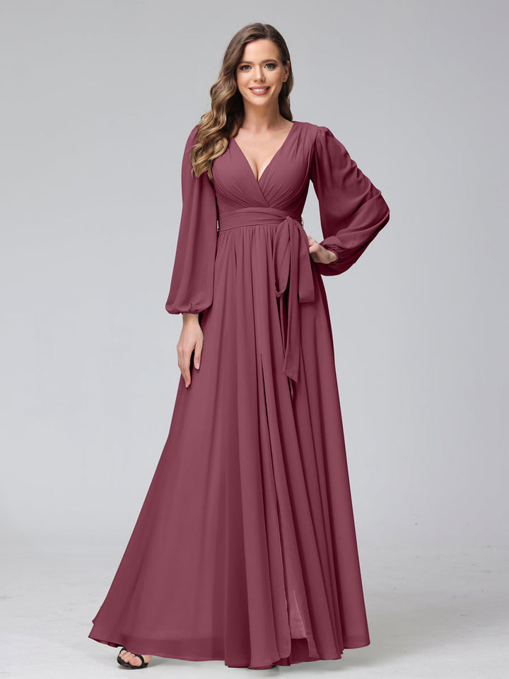 A-Line/Princess V-Neck Long Sleeves Chiffon Long Bridesmaid Dresses With Ruffles Split Side