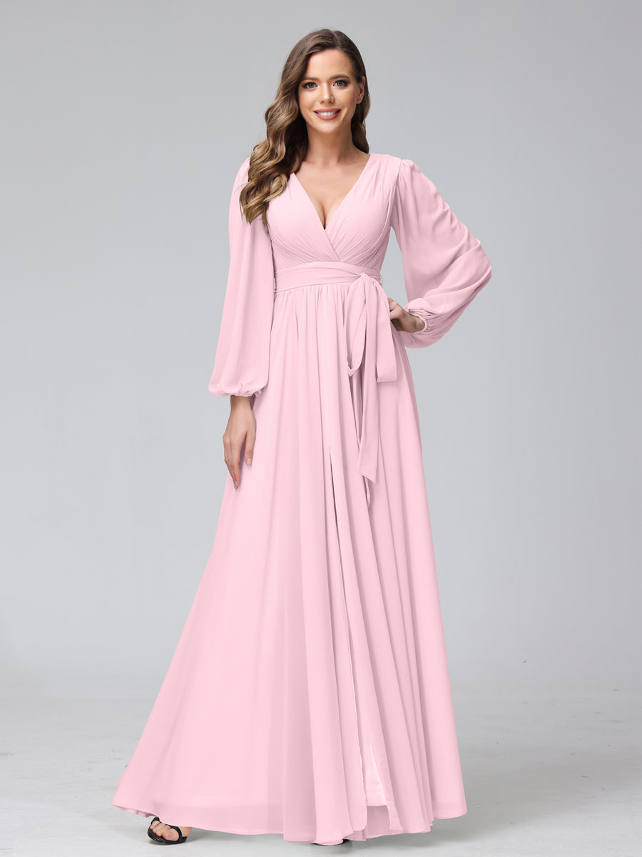 A-Line/Princess V-Neck Long Sleeves Chiffon Long Bridesmaid Dresses With Ruffles Split Side