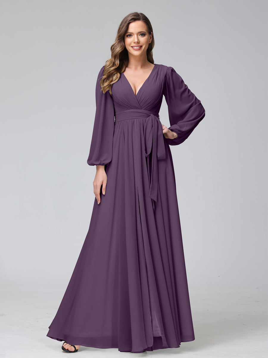 A-Line/Princess V-Neck Long Sleeves Chiffon Long Bridesmaid Dresses With Ruffles Split Side