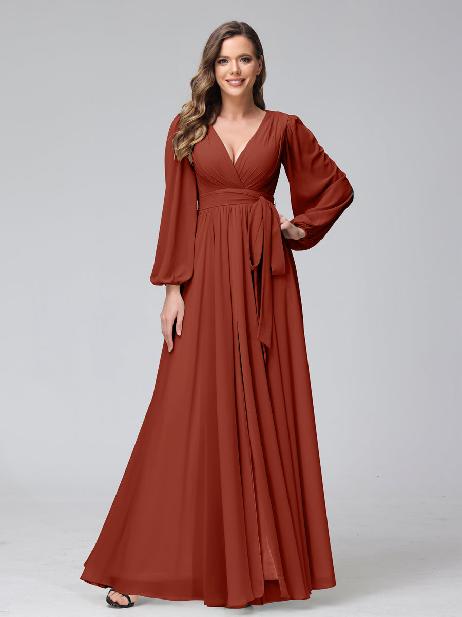 A-Line/Princess V-Neck Long Sleeves Chiffon Long Bridesmaid Dresses With Ruffles Split Side