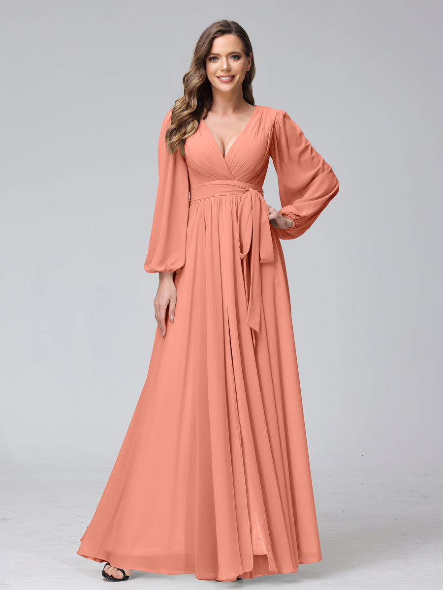 A-Line/Princess V-Neck Long Sleeves Chiffon Long Bridesmaid Dresses With Ruffles Split Side