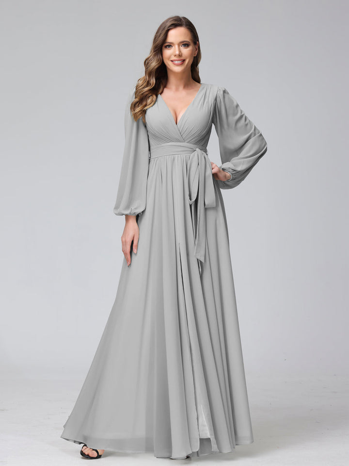 A-Line/Princess V-Neck Long Sleeves Chiffon Long Bridesmaid Dresses With Ruffles Split Side