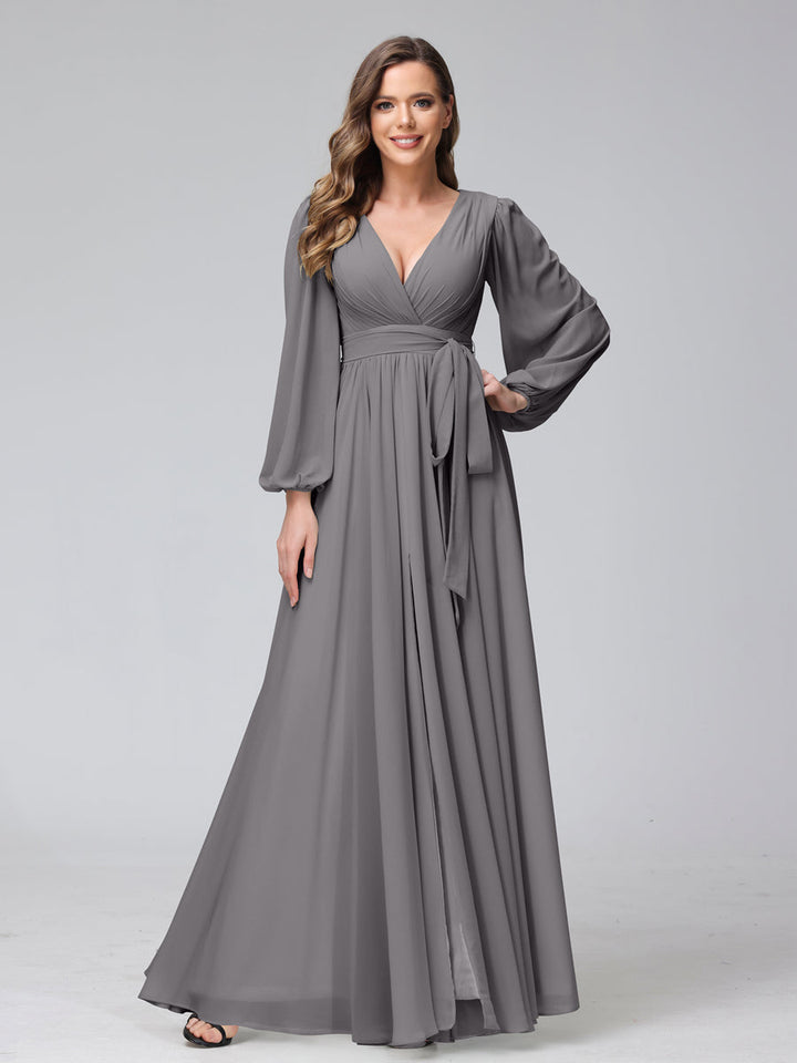 A-Line/Princess V-Neck Long Sleeves Chiffon Long Bridesmaid Dresses With Ruffles Split Side