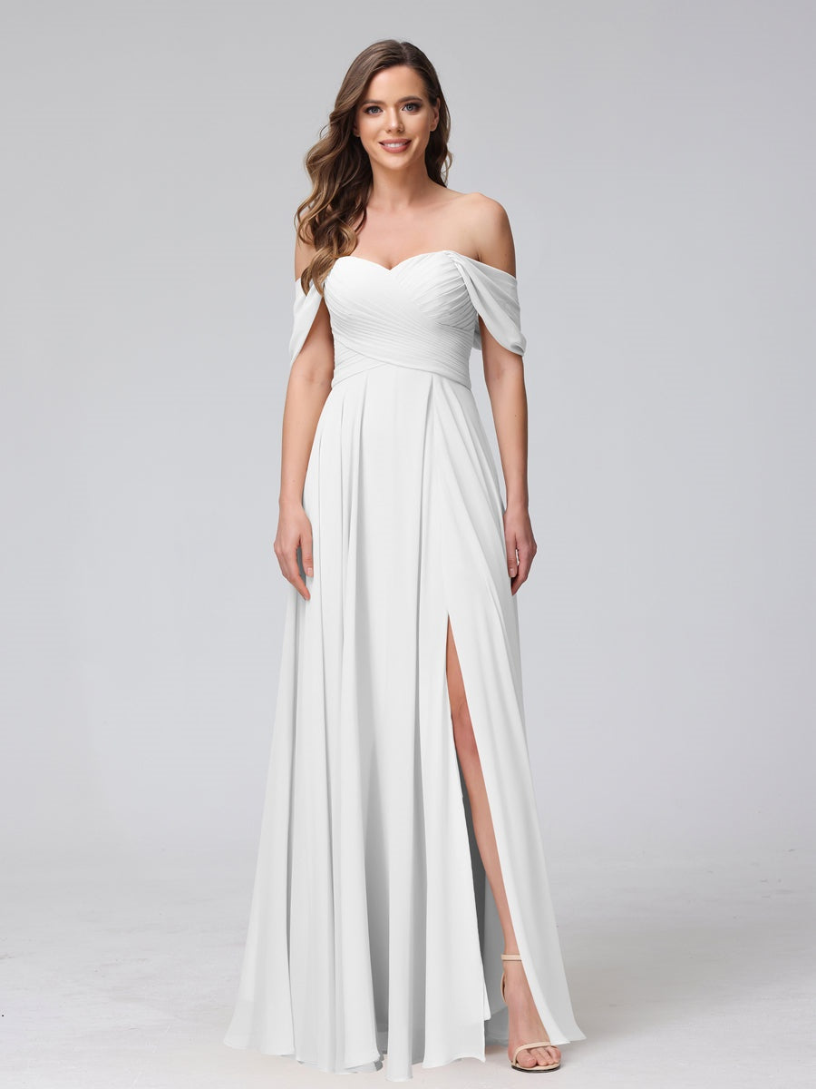 A-Line/Princess Off-the-Shoulder Sleeveless Floor-Length Bridemaid Dresses with Split Side & Ruched