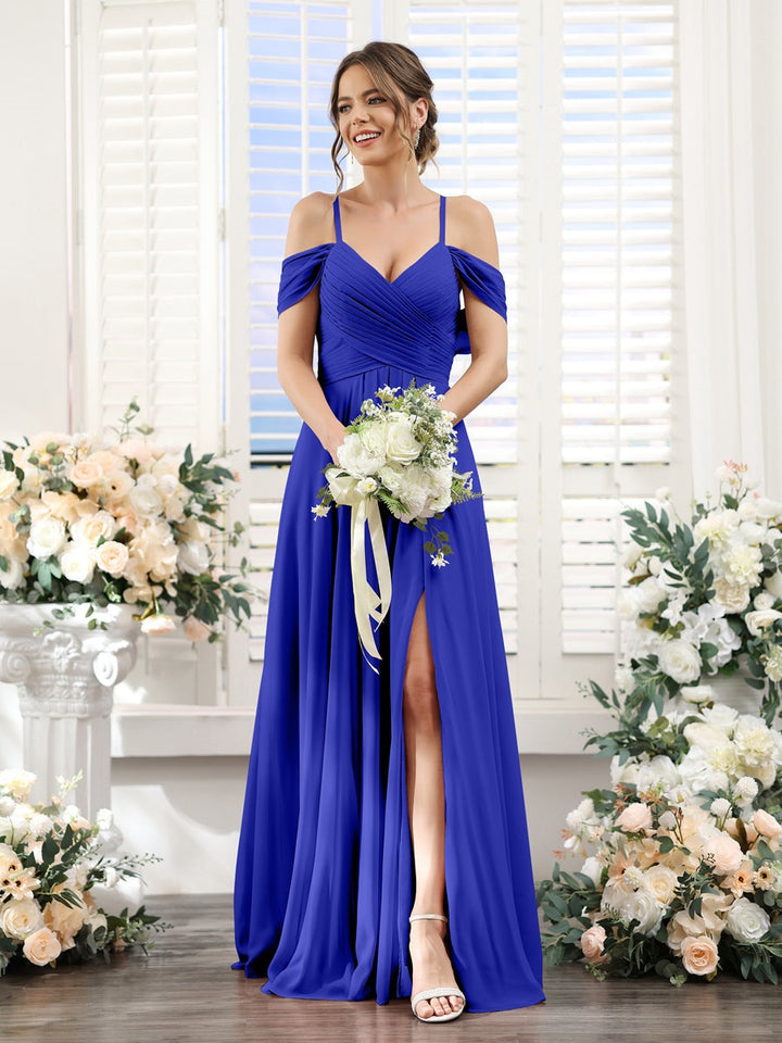 A-Line/Princess V-Neck Spaghetti Straps Floor-Length Chiffon Bridesmaid Dresses with Split Side