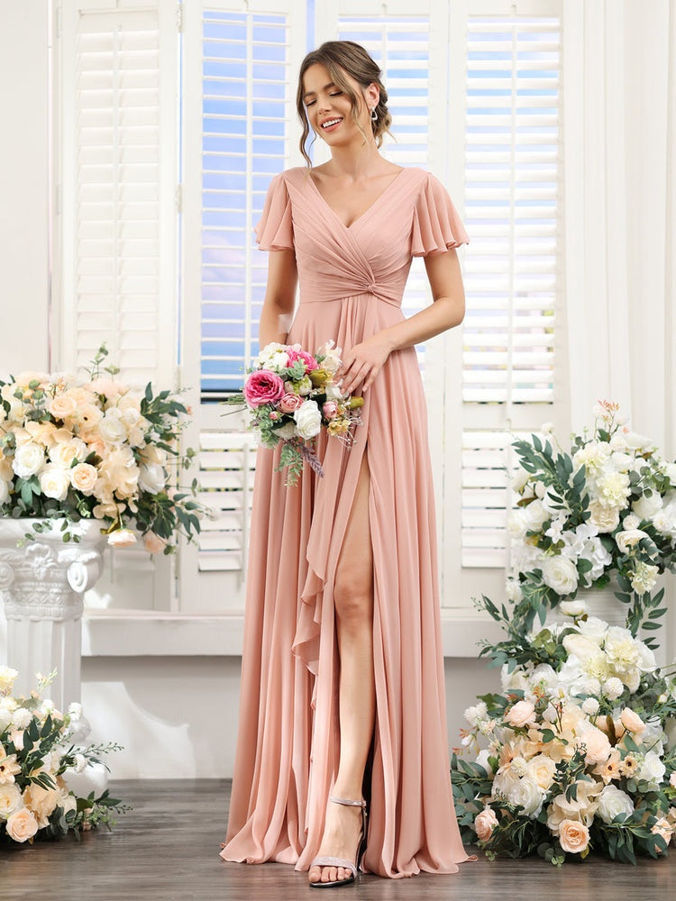 A-Line/Princess V-Neck Short Sleeves Floor-Length Bridesmaid Dresses with Split Side