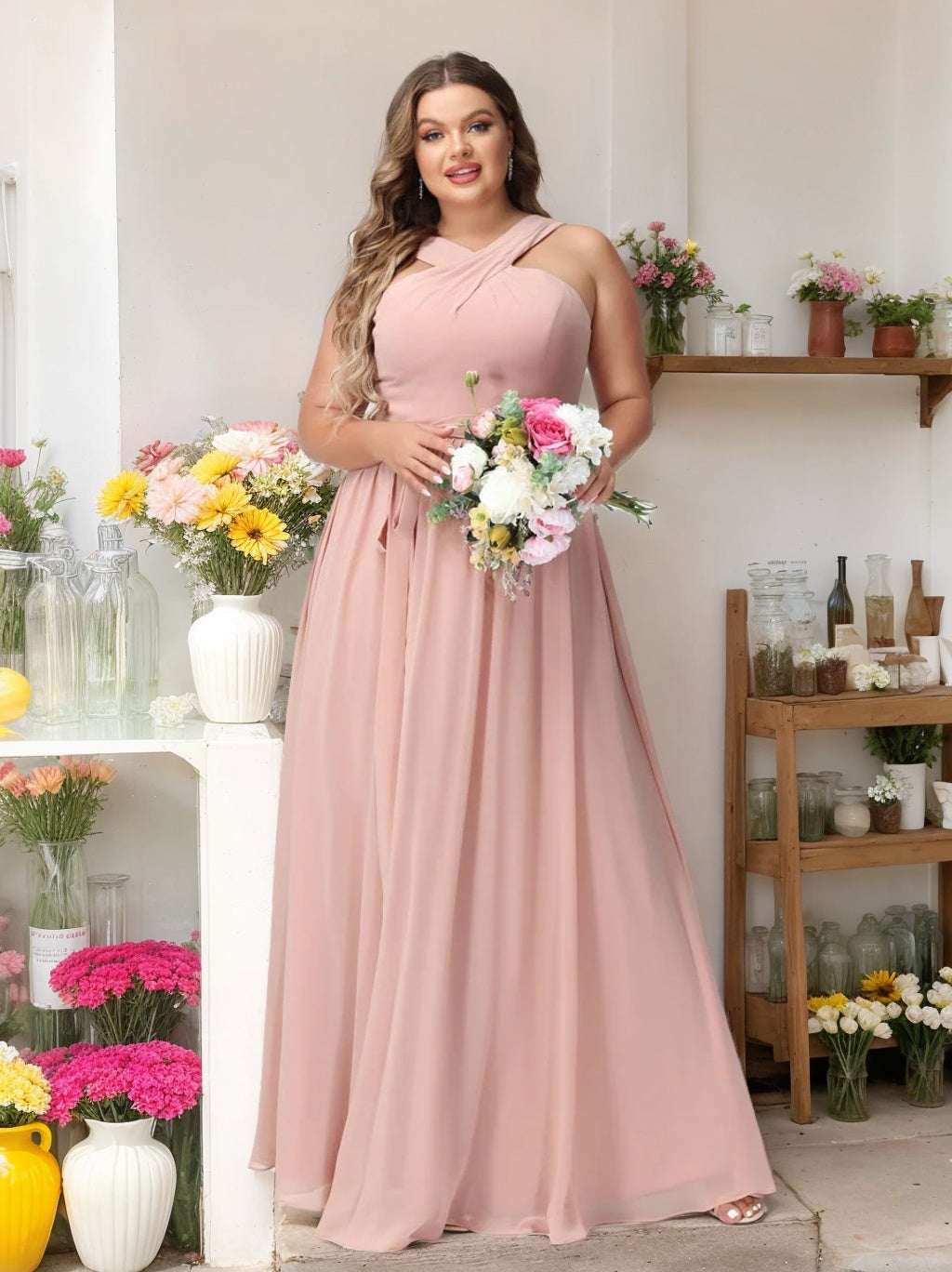 A-Line/Princess Criss Cross Sleeveless Chiffon Plus Size Bridesmaid Dresses with Sash