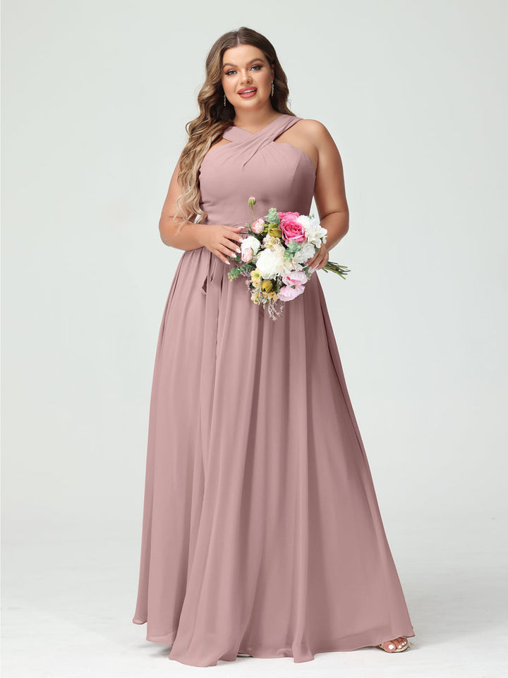 A-Line/Princess Criss Cross Sleeveless Chiffon Plus Size Bridesmaid Dresses with Sash