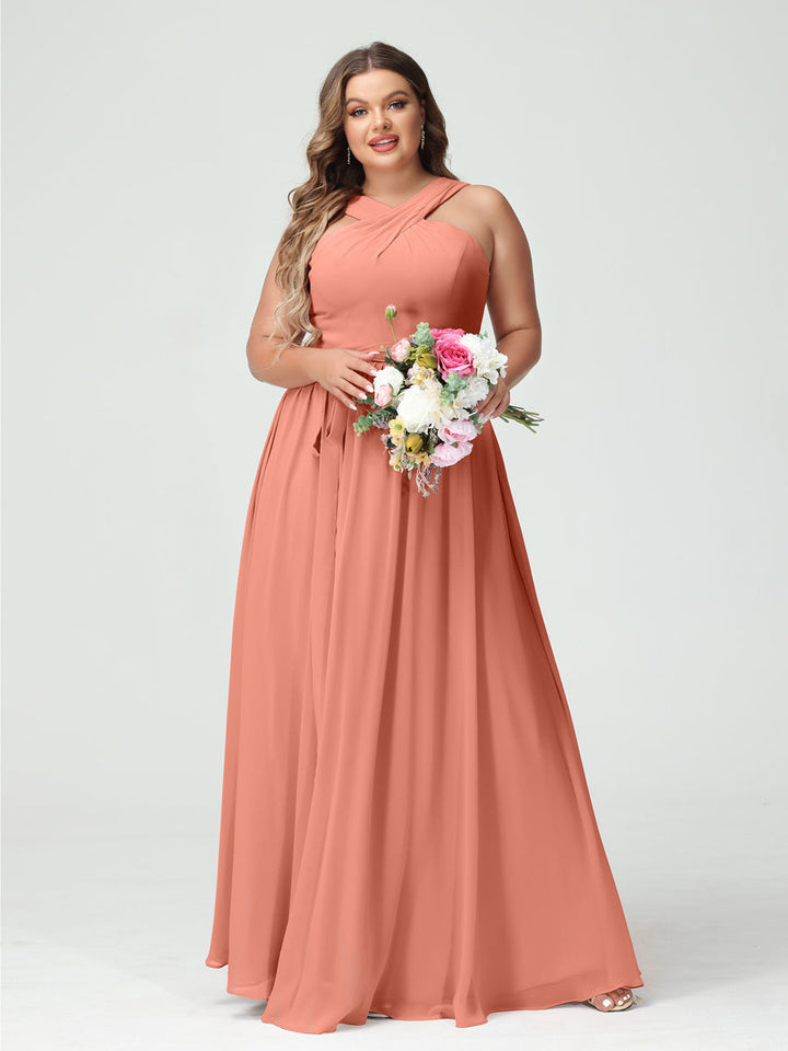 A-Line/Princess Criss Cross Sleeveless Chiffon Plus Size Bridesmaid Dresses with Sash