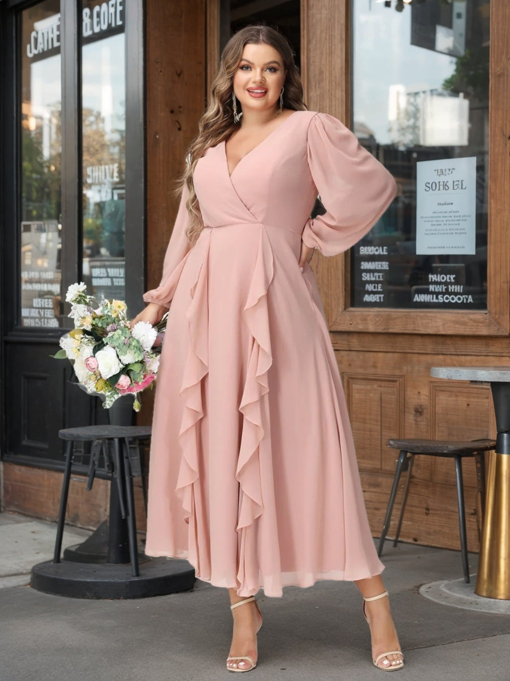 A-Line/Princess V-Neck Long Sleeves Chiffon Tea-Length Plus Size Bridesmaid Dresses with Pockets & Ruffles