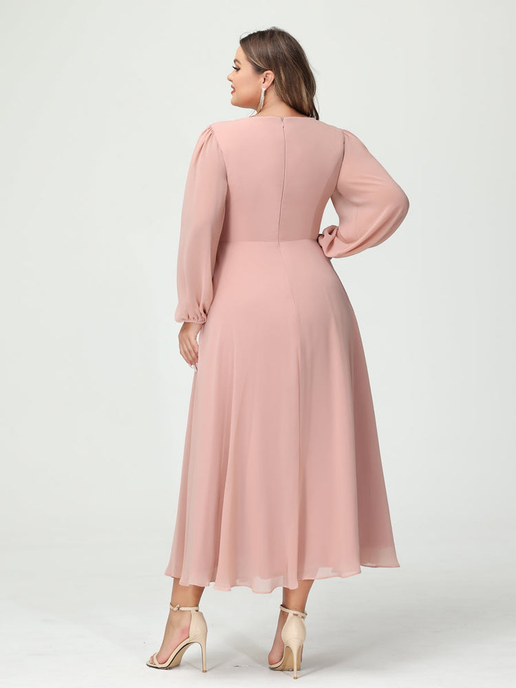 A-Line/Princess V-Neck Long Sleeves Chiffon Tea-Length Plus Size Bridesmaid Dresses with Pockets & Ruffles