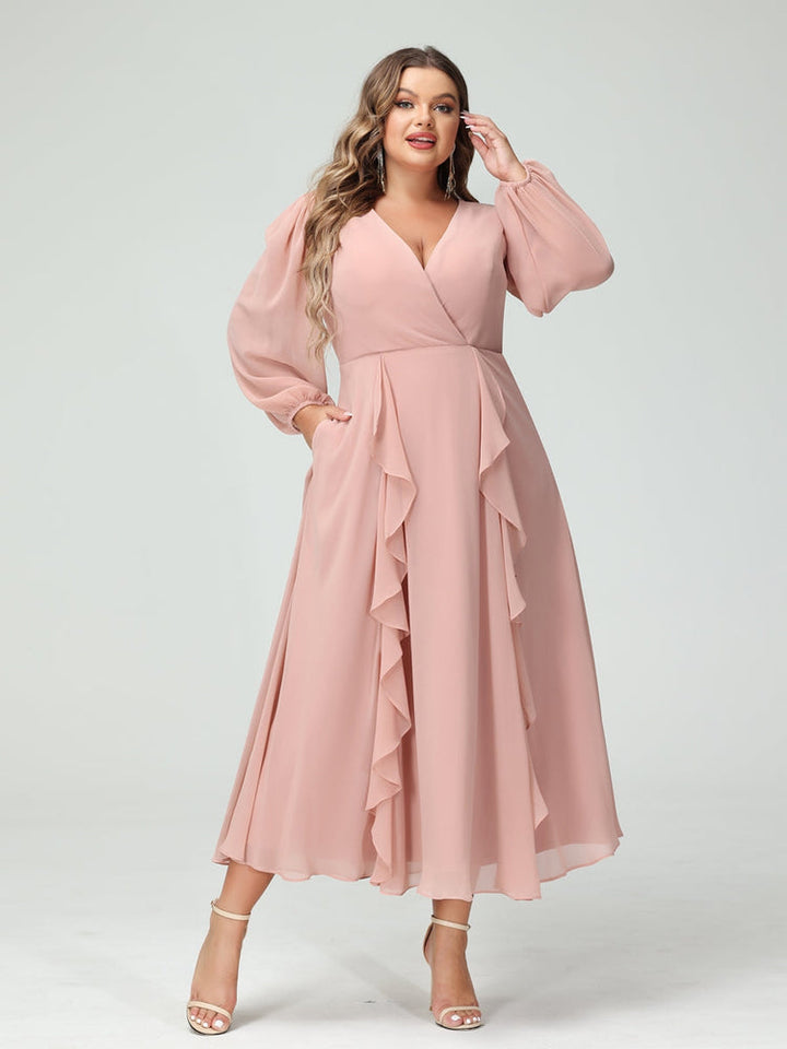 A-Line/Princess V-Neck Long Sleeves Chiffon Tea-Length Plus Size Bridesmaid Dresses with Pockets & Ruffles