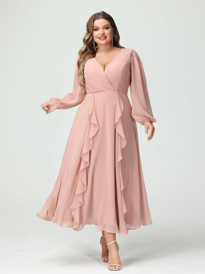 A-Line/Princess V-Neck Long Sleeves Chiffon Tea-Length Plus Size Bridesmaid Dresses with Pockets & Ruffles