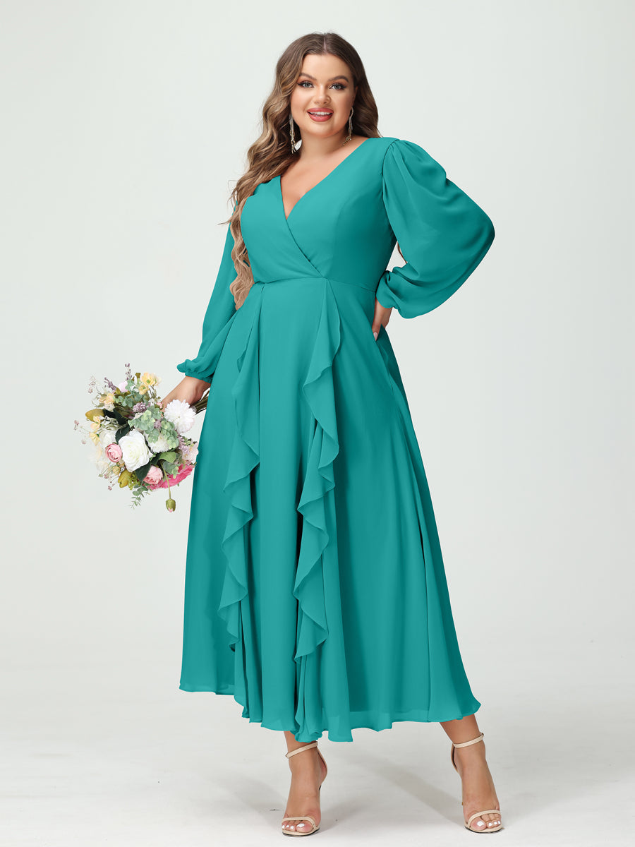 A-Line/Princess V-Neck Long Sleeves Chiffon Tea-Length Plus Size Bridesmaid Dresses with Pockets & Ruffles