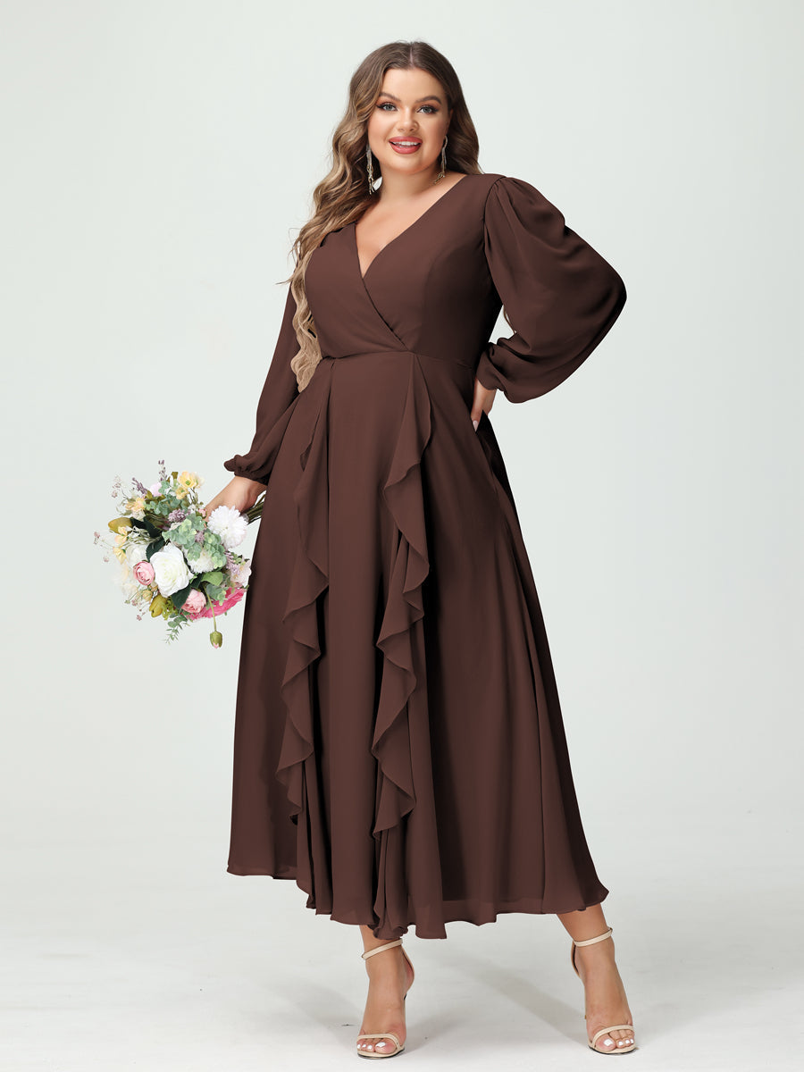 A-Line/Princess V-Neck Long Sleeves Chiffon Tea-Length Plus Size Bridesmaid Dresses with Pockets & Ruffles