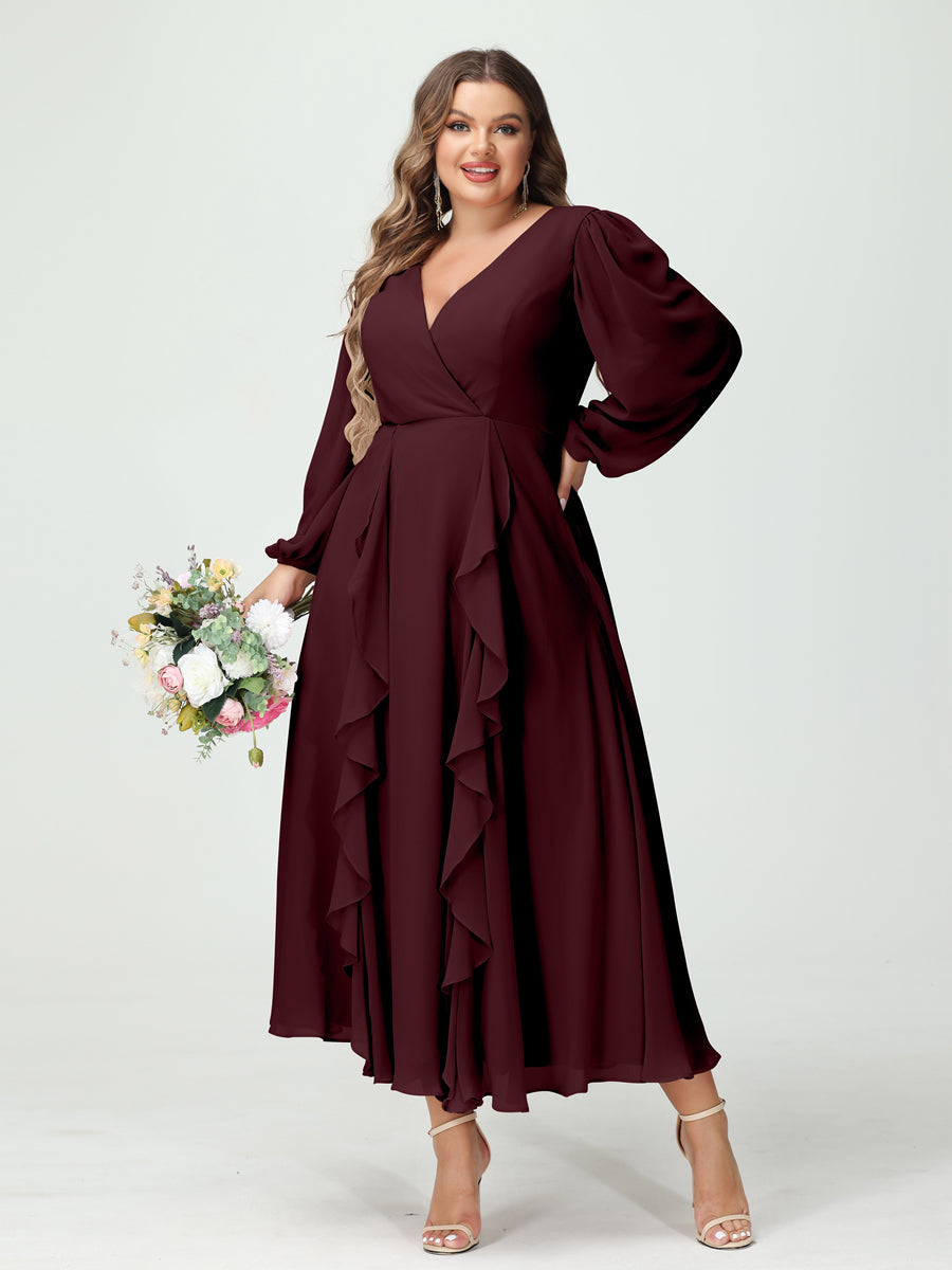 A-Line/Princess V-Neck Long Sleeves Chiffon Tea-Length Plus Size Bridesmaid Dresses with Pockets & Ruffles