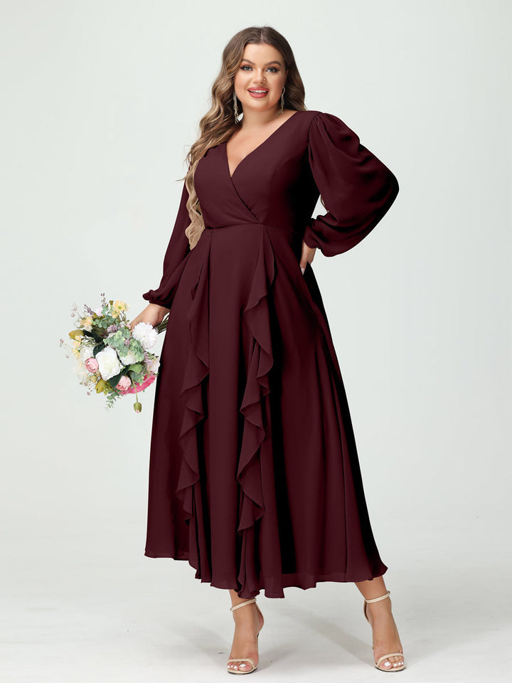 A-Line/Princess V-Neck Long Sleeves Chiffon Tea-Length Plus Size Bridesmaid Dresses with Pockets & Ruffles