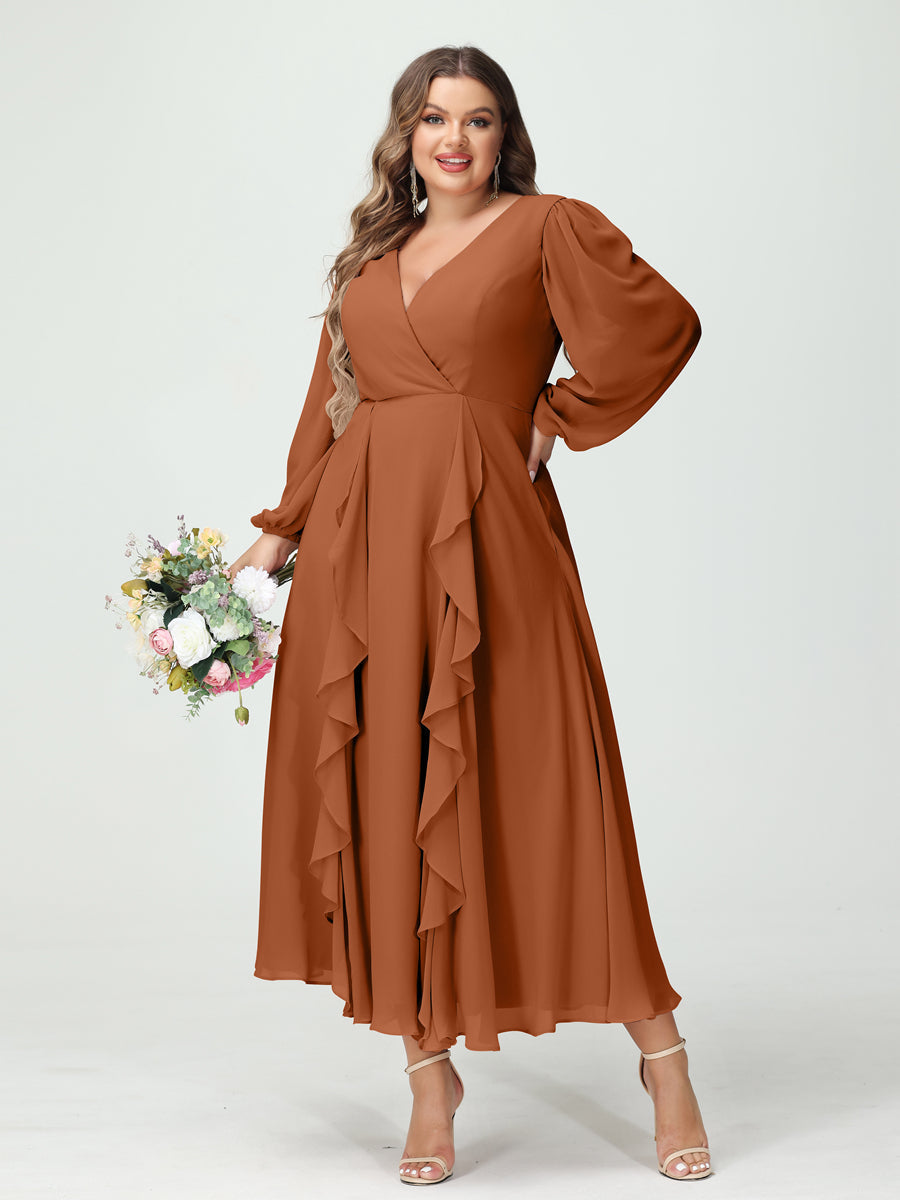 A-Line/Princess V-Neck Long Sleeves Chiffon Tea-Length Plus Size Bridesmaid Dresses with Pockets & Ruffles