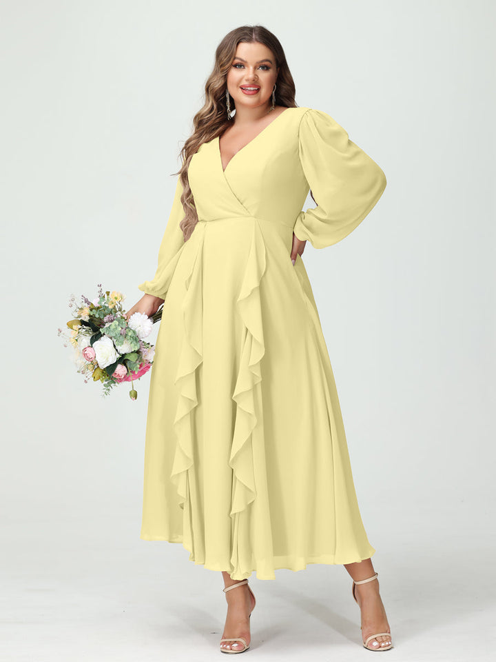 A-Line/Princess V-Neck Long Sleeves Chiffon Tea-Length Plus Size Bridesmaid Dresses with Pockets & Ruffles