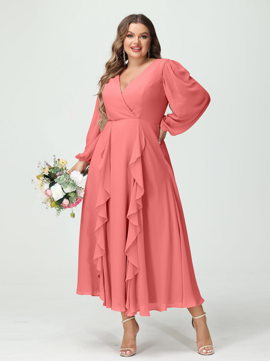 A-Line/Princess V-Neck Long Sleeves Chiffon Tea-Length Plus Size Bridesmaid Dresses with Pockets & Ruffles