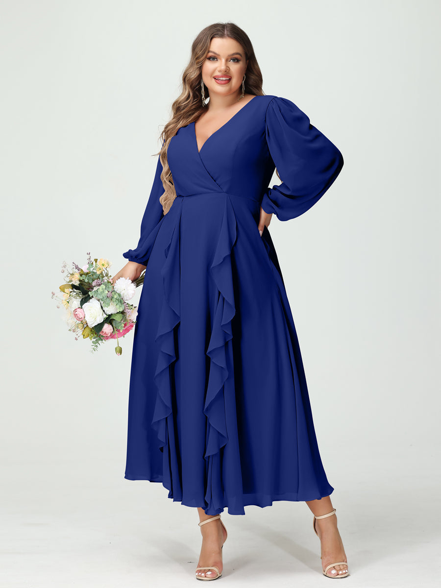 A-Line/Princess V-Neck Long Sleeves Chiffon Tea-Length Plus Size Bridesmaid Dresses with Pockets & Ruffles